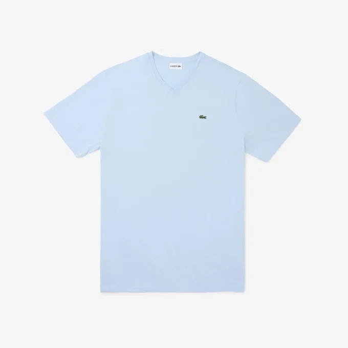 Ανδρικό βαμβακερό T-shirt με ραβδωτό V-neck και ψηλό σωματότυπο Ανδρικό βαμβακερό T-shirt με ραβδωτό V-neck και ψηλό σωματότυπο