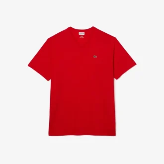Ανδρικό βαμβακερό T-shirt με ραβδωτό V-neck και ψηλό σωματότυπο Ανδρικό βαμβακερό T-shirt με ραβδωτό V-neck και ψηλό σωματότυπο