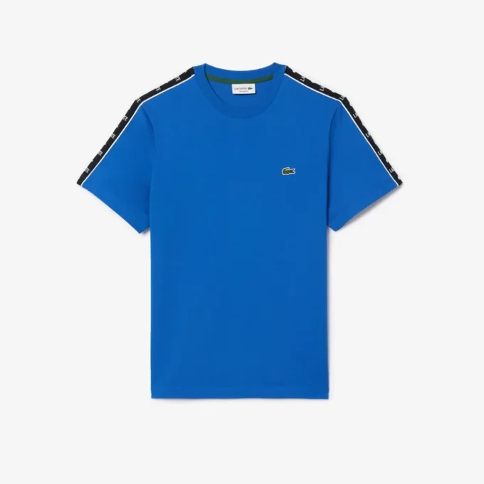 Ανδρικό βαμβακερό T-shirt με ρίγες και λογότυπο Ανδρικό βαμβακερό T-shirt με ρίγες και λογότυπο