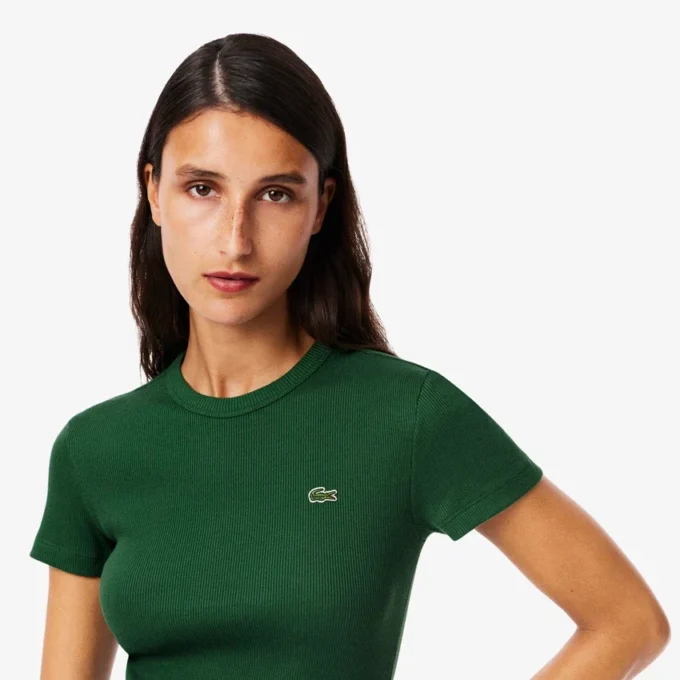 Γυναικείο T-shirt από βαμβάκι με ραβδώσεις και στενή εφαρμογή Γυναικείο T-shirt από βαμβάκι με ραβδώσεις και στενή εφαρμογή