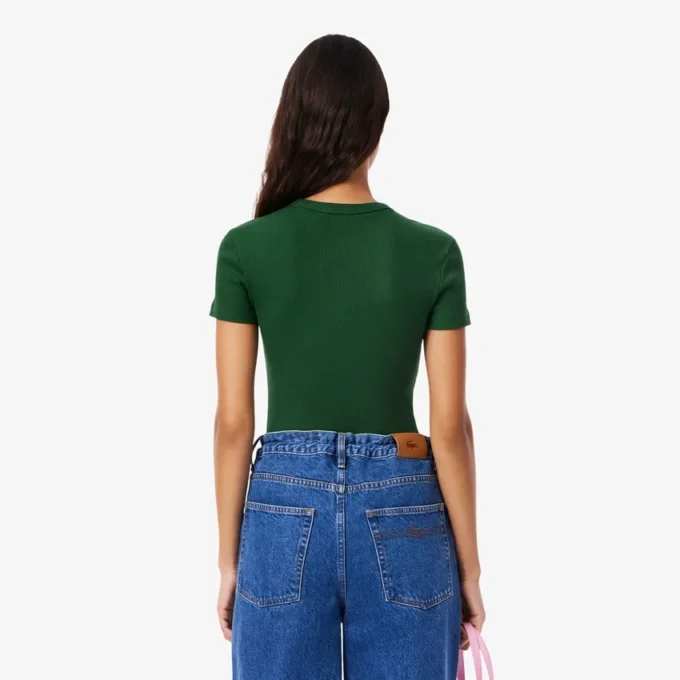 Γυναικείο T-shirt από βαμβάκι με ραβδώσεις και στενή εφαρμογή Γυναικείο T-shirt από βαμβάκι με ραβδώσεις και στενή εφαρμογή