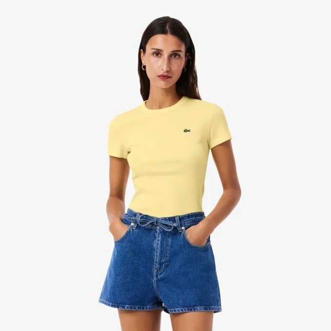 Γυναικείο T-shirt από βαμβάκι με ραβδώσεις και στενή γραμμή Γυναικείο T-shirt από βαμβάκι με ραβδώσεις και στενή γραμμή