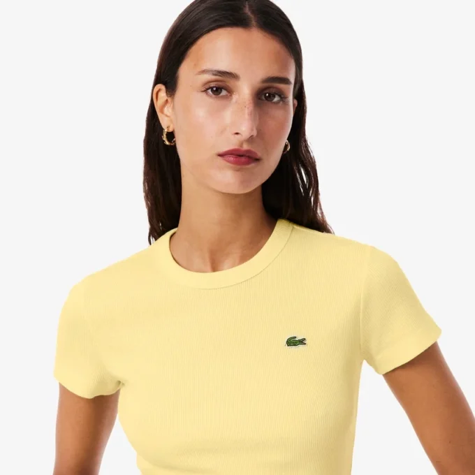 Γυναικείο T-shirt από βαμβάκι με ραβδώσεις και στενή γραμμή Γυναικείο T-shirt από βαμβάκι με ραβδώσεις και στενή γραμμή